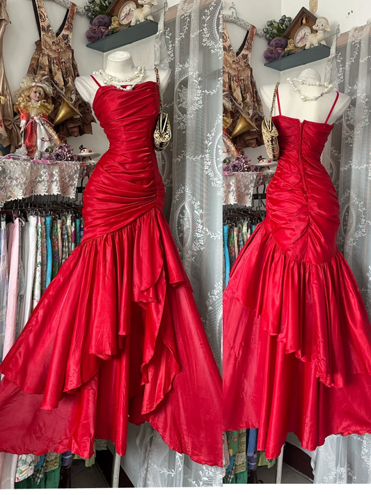 Beautiful Red Spaghetti Straps Satin Pleated Ruffles Mermaid Long Birthday Dress Party Gown D2881