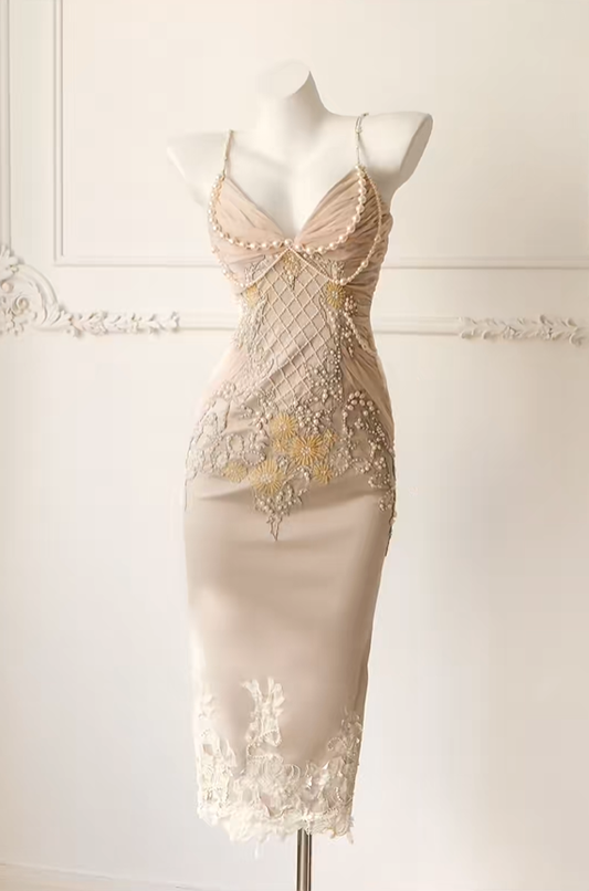 Pretty Spaghetti Straps Satin Lace Sheath Midi Party Dress Pink Birthday Prom Dress With Pearls D2716