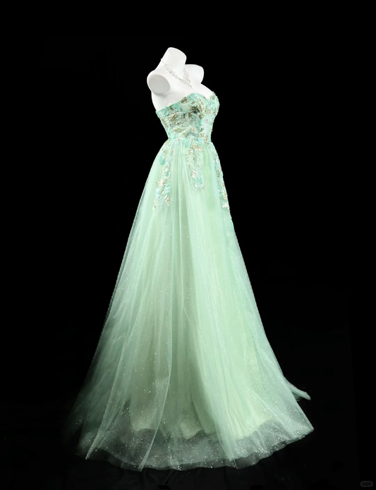 Charming Strapless Mint Green Tulle Sequin A Line Long Evening Dress Party Gown D2514