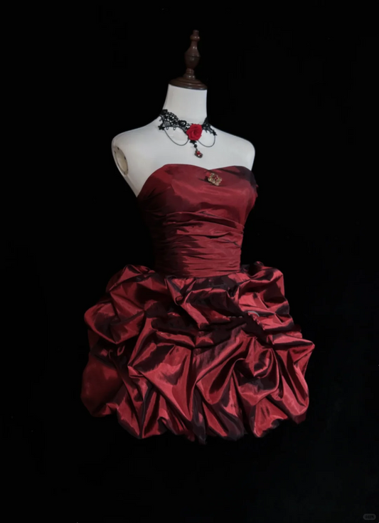 Vintage Burgundy Strapless Satin Pleated A Line Short Birthday Dress Homecoming Dress D3358