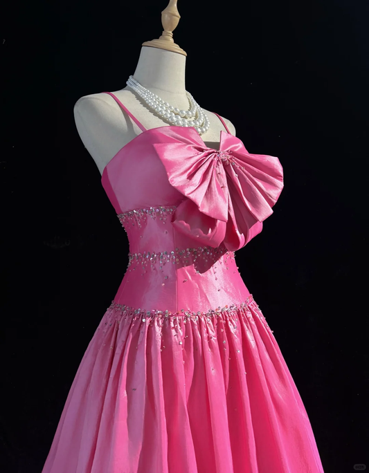 Cute Hot Pink Spaghetti Straps Satin Beaded Long Party Dress Prom Gown D2846