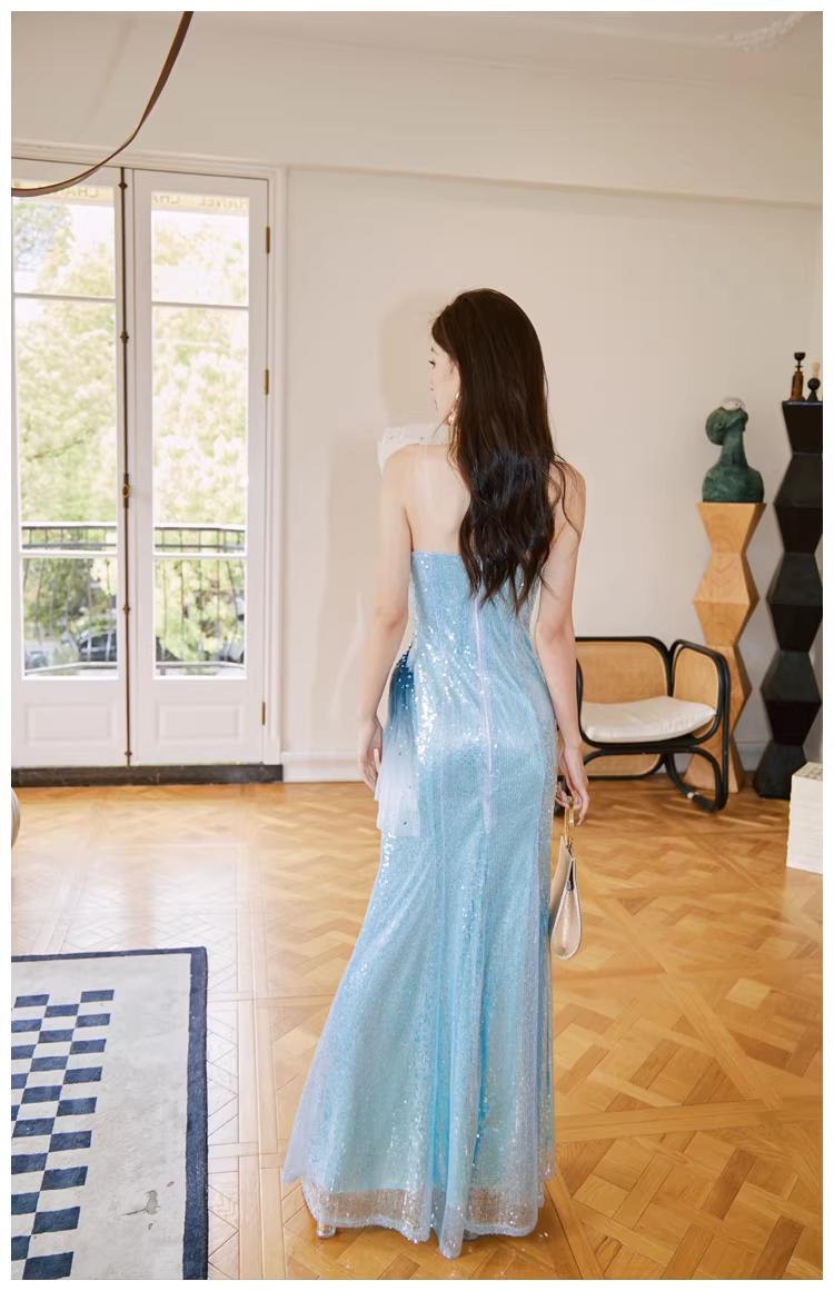 Glamorous Blue Tulle Sequin Mermaid Long Evening Dress Formal 19th Birthday Outfits With Beads D2400