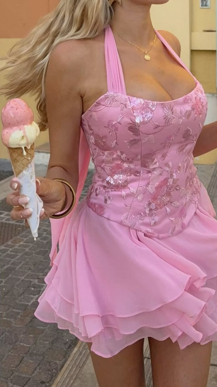 Charming Halter Satin Sequin Floral Chiffon A Line Short Birthday Outfits,Pink Short 8th Grade Homecoming Dress D3836