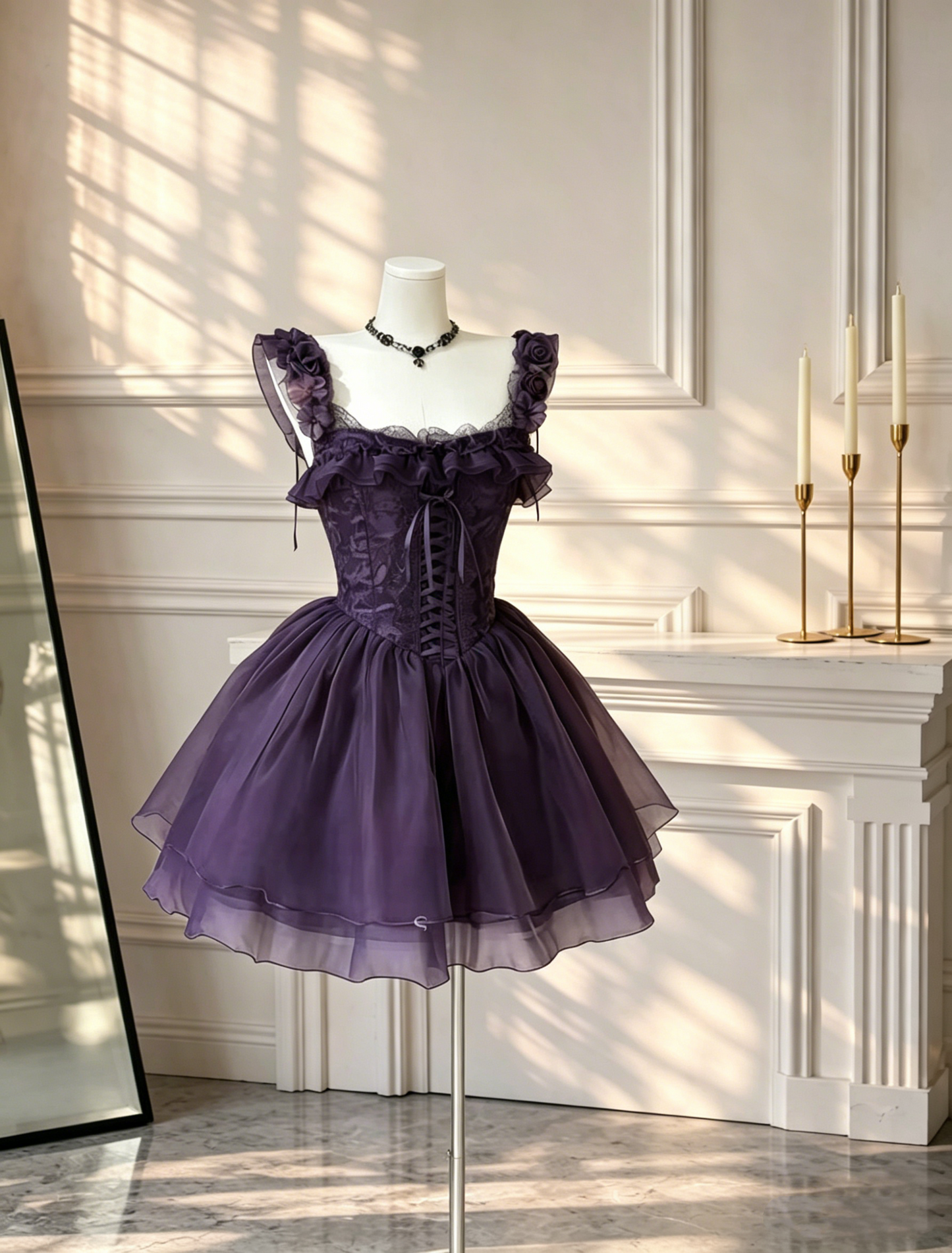 Elegant Purple Tulle Short 7th Grade Homecoming Dress Spaghetti Straps A Line Mini Birthday Outfits D2632