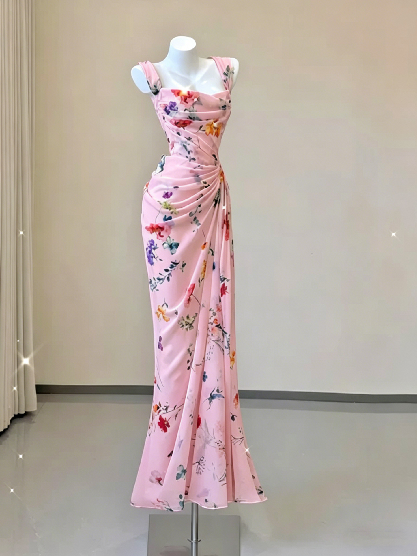 Sexy White Mermaid Straps Chiffon Floral Evening Gowns Long Prom Dresses SD1825