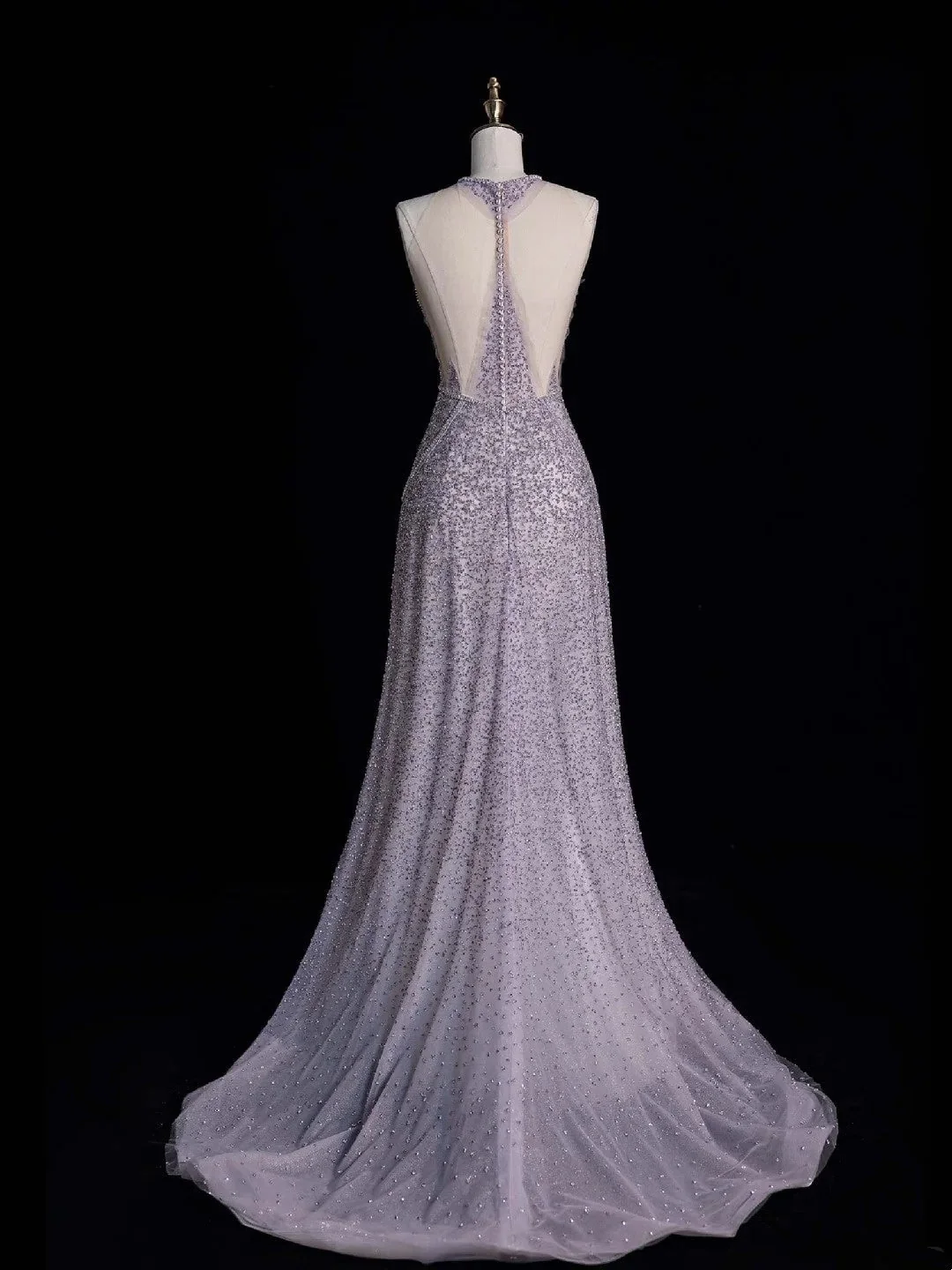 Shiny Halter Sleeveless Tulle Sequin Beaded Mermaid Evening Dress Lilac Long Party Dress D4855