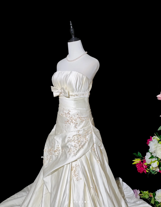 Charming Strapless Ivory Beaded Satin Pleated Mermaid Long Evening Dress Formal Birthday Prom Gowns D2366
