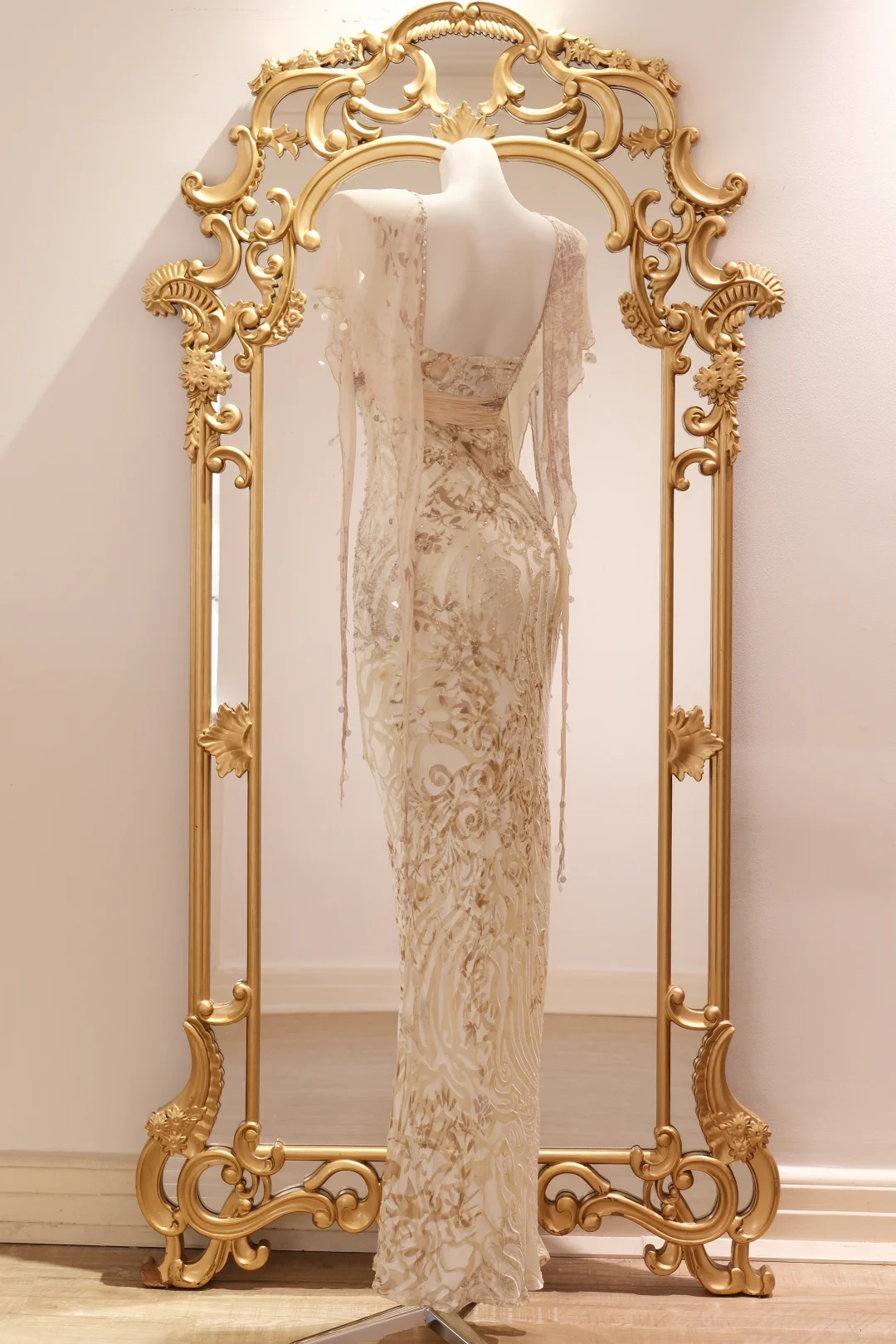 Retro Champagne Spaghetti Straps Chiffon Print Floral Beaded Long Party Dress Birthday Dress D2745