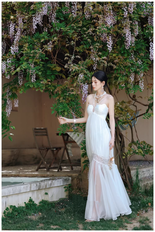 Pretty Spaghetti Straps White Tulle Lace Mermaid Long Prom Dress Evening Gown D2422