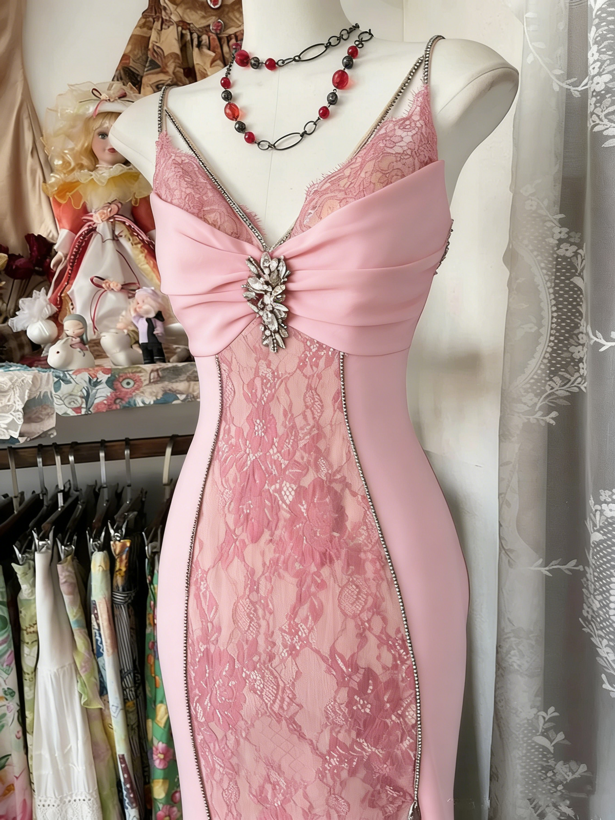 Sexy Mermaid Spaghetti Straps Red Lace Prom Dresses Long Party Dress SD1308
