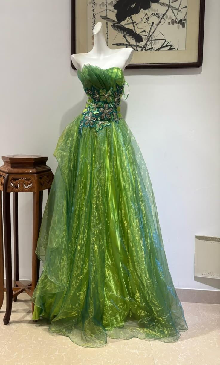 Classy Strapless Green Tulle Long Prom Dress Evening Dress D4320