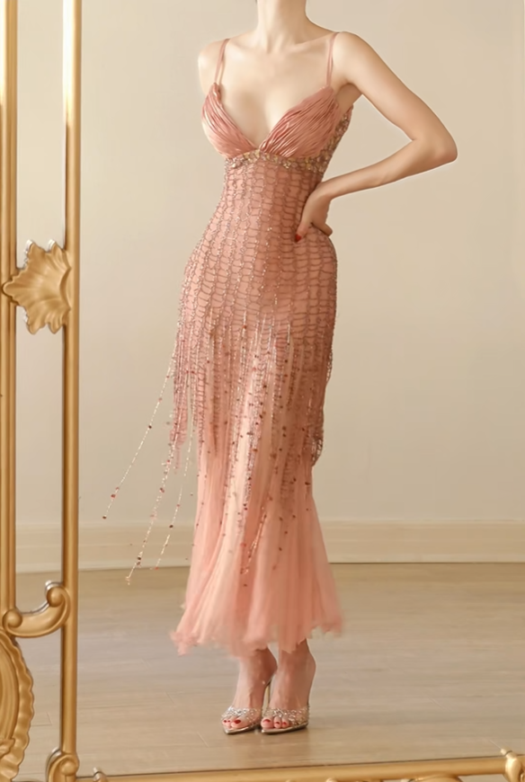 Glamorous Pink Spaghetti Straps V Neck Chiffon Beaded Tassel Mermaid Long Party Dress Evening Gown D2766