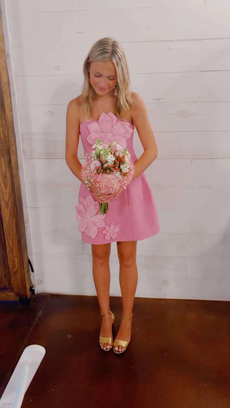 Cute Strapless Satin 3D Floral Short Party Dress Pink Short Graduation Homecoming Dress D4772