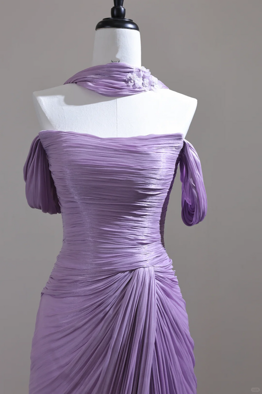Pretty Purple Off The Shoulder Tulle Pleated Mermaid Long Party Dress Evening Dress D3130
