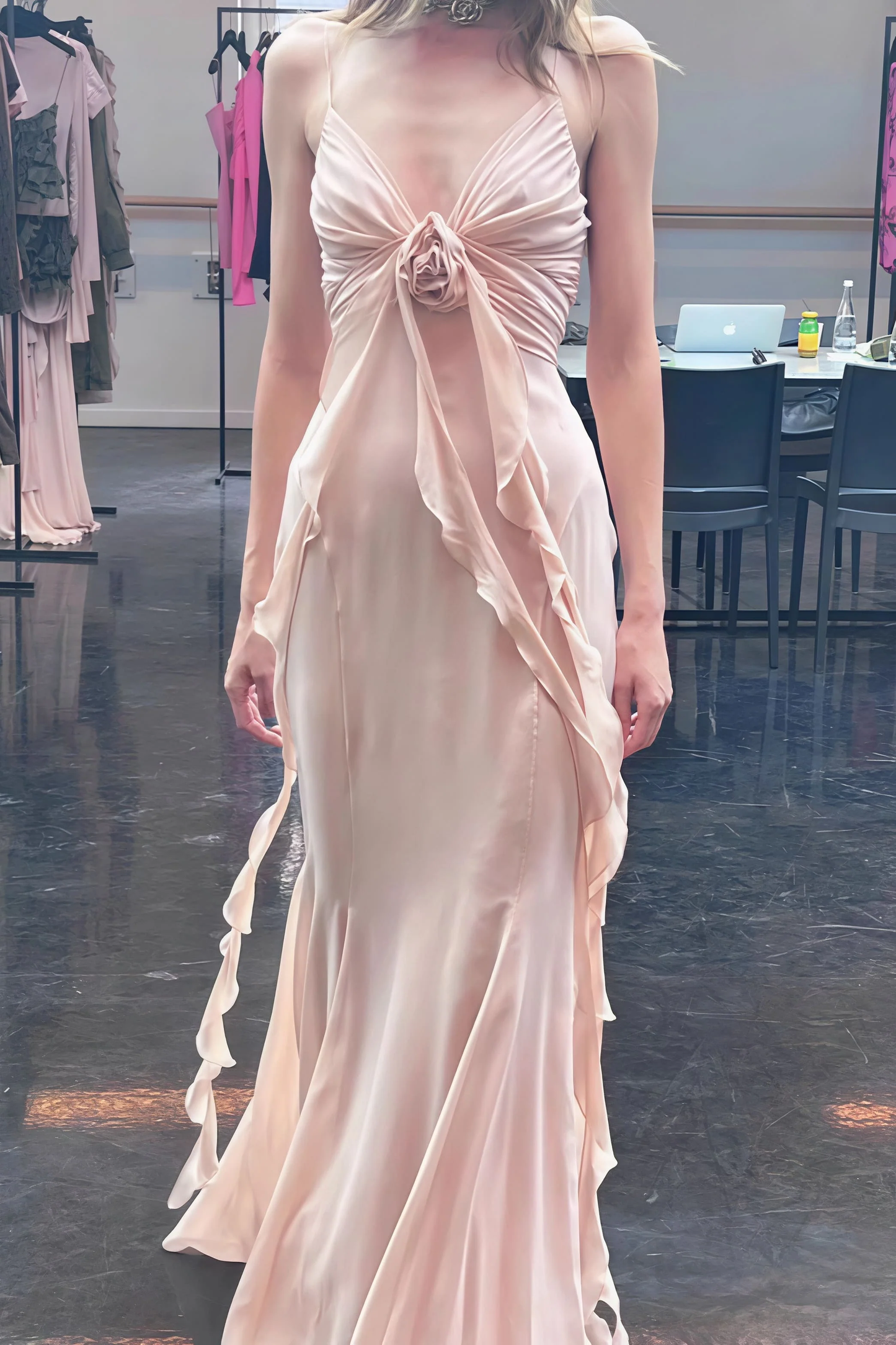 Retro Sheath Spaghetti Straps Pink Chiffon Long Party Dress Prom Dresses SD1400