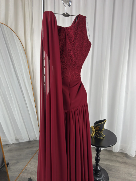 Classy Burgundy Chiffon Slit Mermaid Long Wedding Guest Dress Birthday Evening Dress D1949