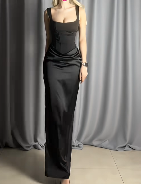 Fashion Black Spaghetti Straps Satin Sheath Long Wedding Guest Dress Formal Evening Dresses D2492