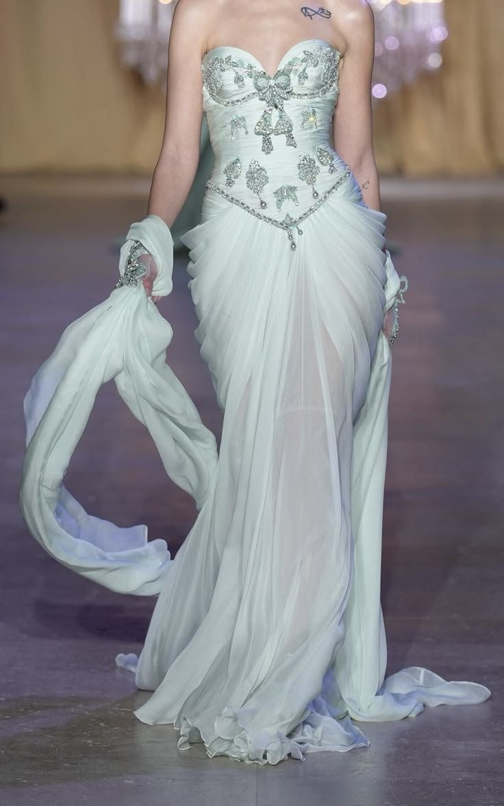 Elegant Strapless Light Green Chiffon Beaded Mermaid Long Party Dress Birthday Dress D2927