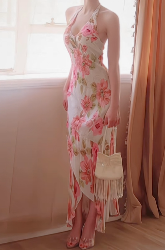 Pretty Halter V Neck Chiffon Print Floral Mermaid Long Party Dress Prom Dresses D2773