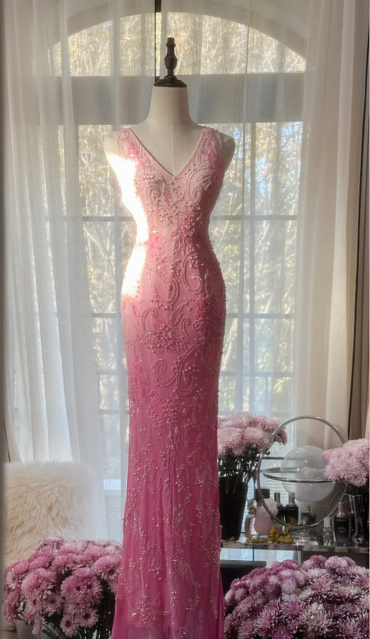 Pretty V Neck Ombre Pink Chiffon Beaded Mermaid Long Party Dress Birthday Evening Gown D2296