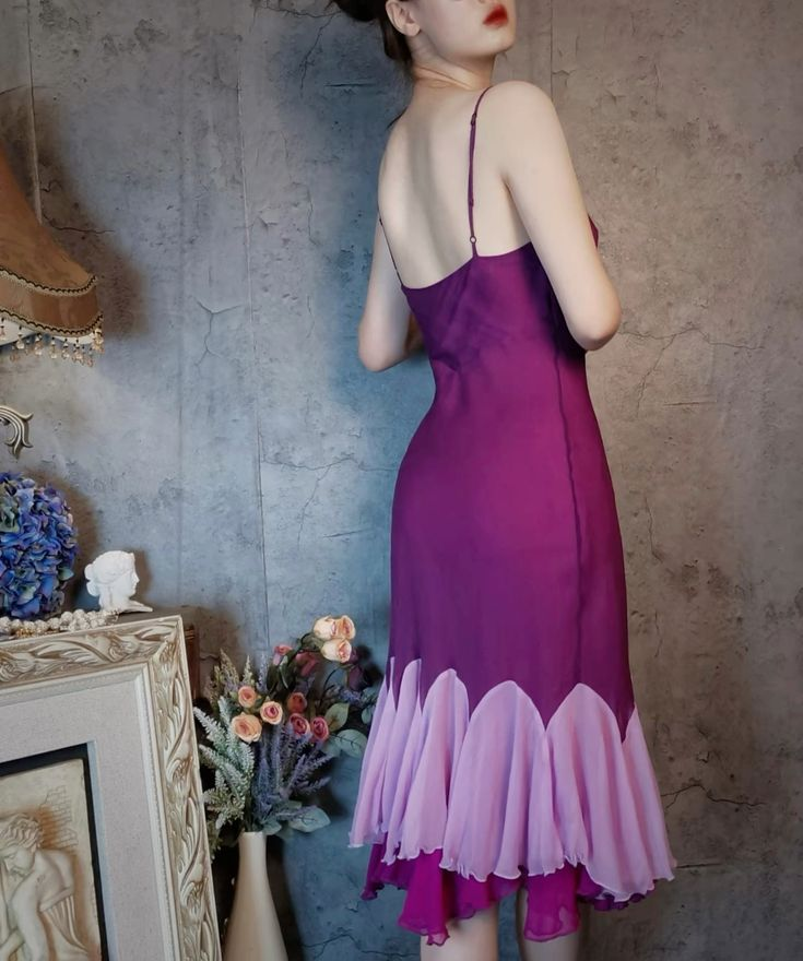 Vintage Spaghetti Straps Fuchsia Satin Chiffon Ruffles Mermaid Party Dress Long Evening Gown D1477
