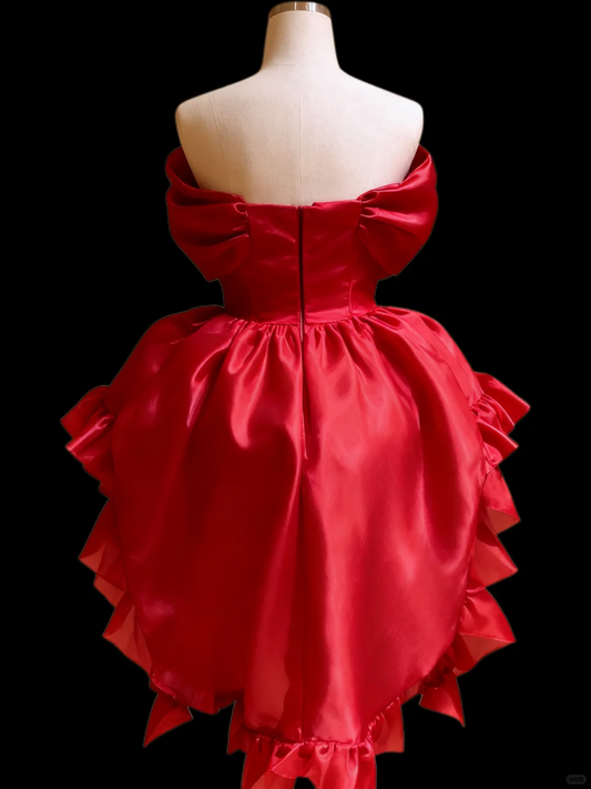 Charming Red Bow Off The Shoulder Organza Ruffle Hi-Low Short Homecoming Dress Cocktail Dress D2795