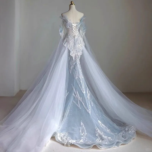 Glamorous Blue Tulle Sequin Beaded Mermaid Party Dress Long Evening Gowns D2498