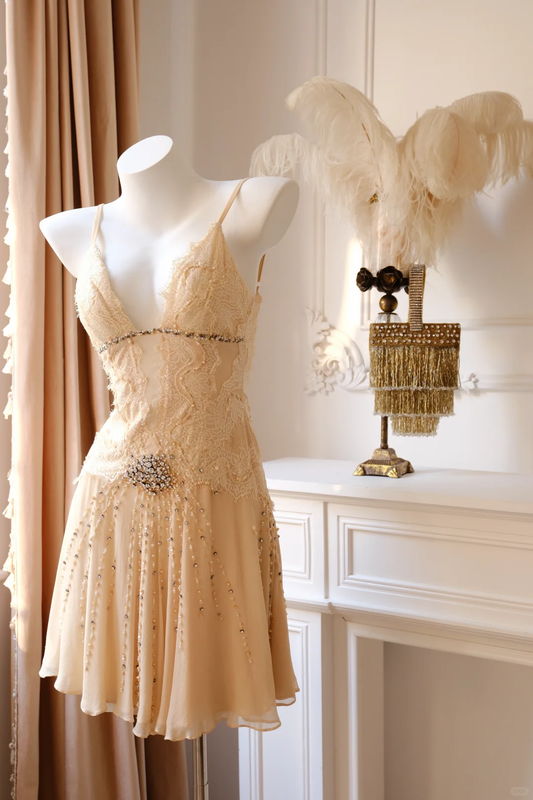 Classy Spaghetti Straps Chiffon Lace Beaded A Line Short Party Dress Mini Cocktail Dress D2735