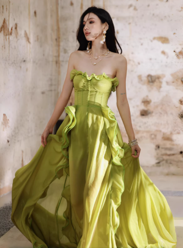 Pretty Green Strapless Chiffon Ruffled Long Evening Dress Birthday Dress D2402