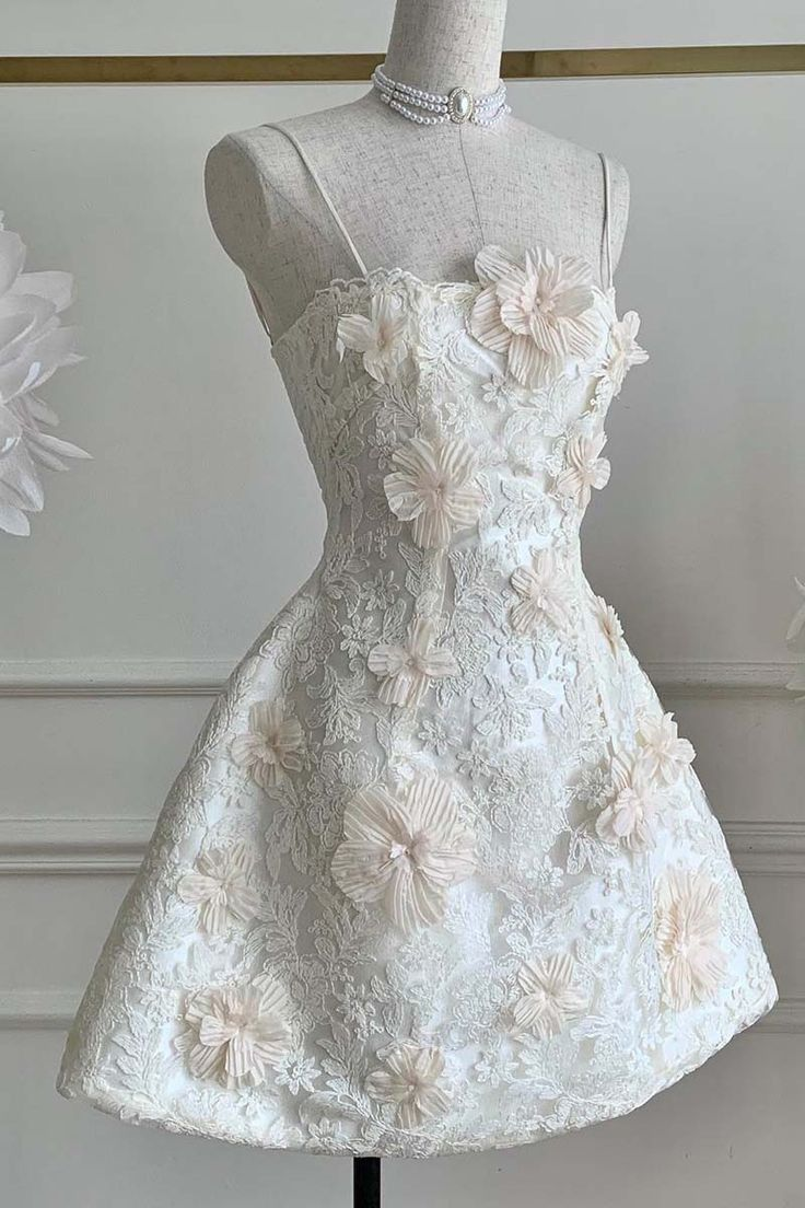 Classy Spaghetti Straps White Lace Appliques A Line Homecoming Dress Short Birthday Outfits D410