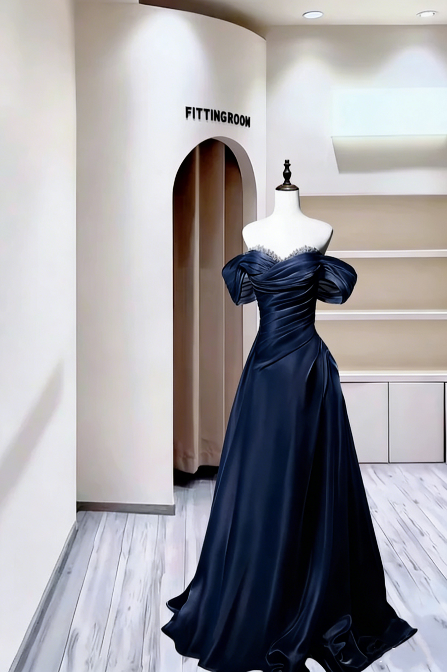 Charming Off The Shoulder Ball Gown Blue Satin Pleated Beaded Long Party Dress Evening Gown D2390