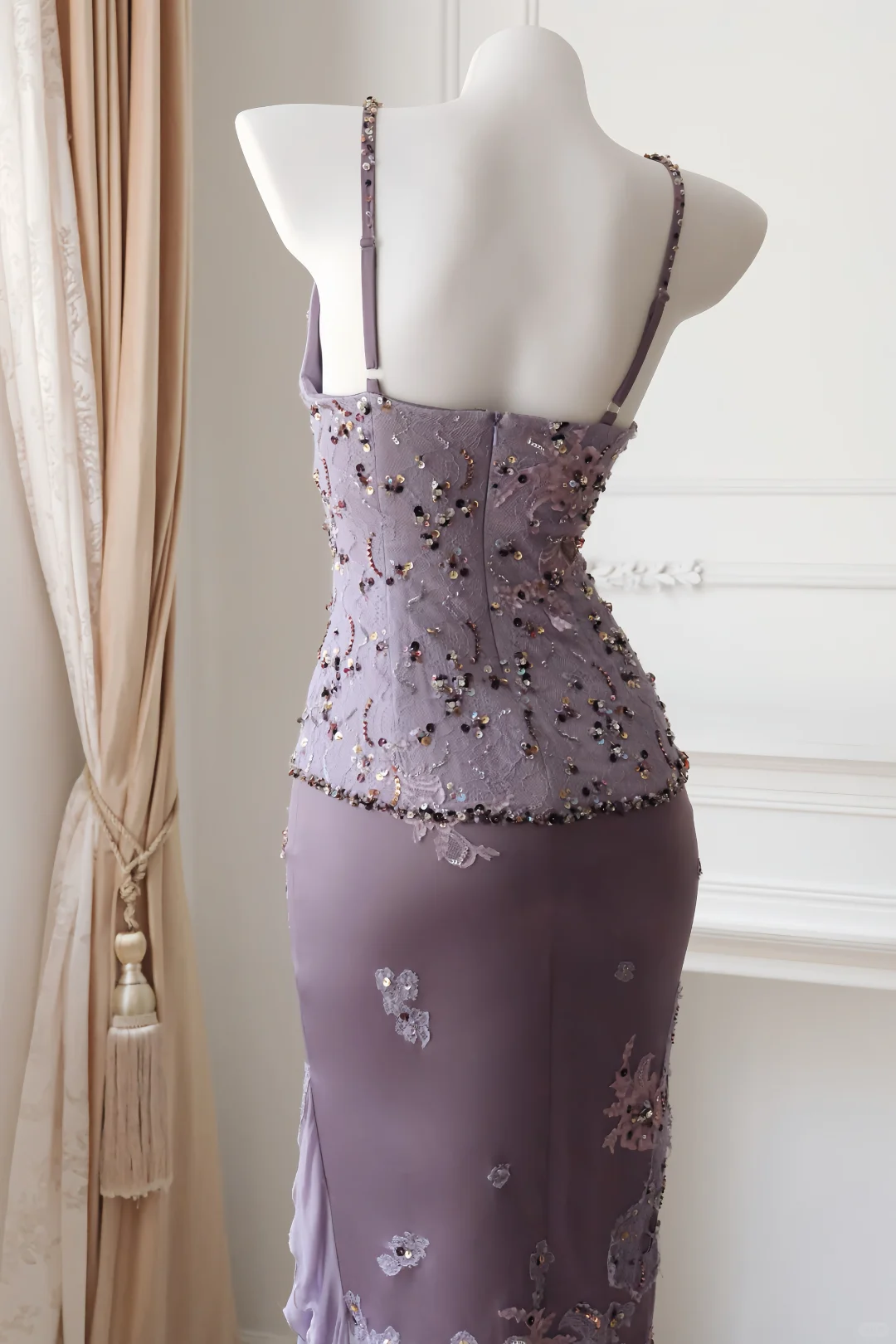 Classy Spaghetti Straps Satin Lace Beaded Sheath Long Party Dress Purple Evening Gown D2710
