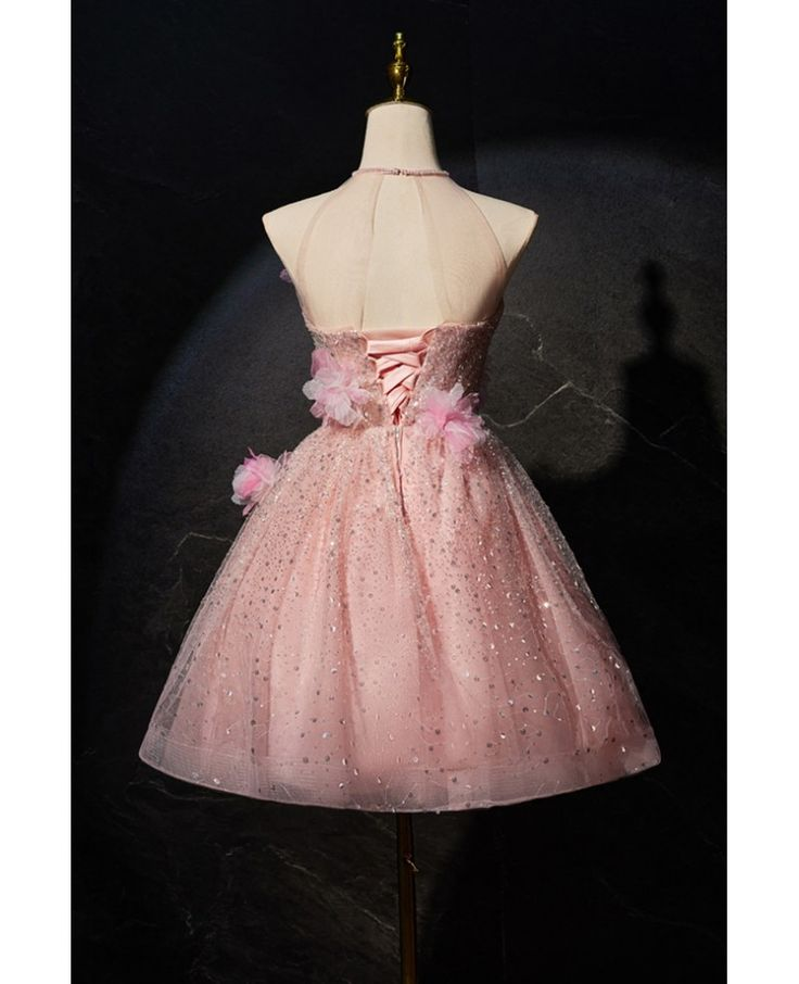Cute Pink Tulle Sequin Flowers Short Birthday Outfits Homecoming Dress S830