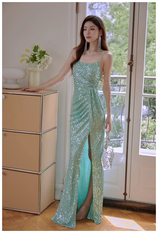 Sparkly Spaghetti Straps Mint Green Sequin Mermaid High Slit Long Prom Dress Evening Dress D2442