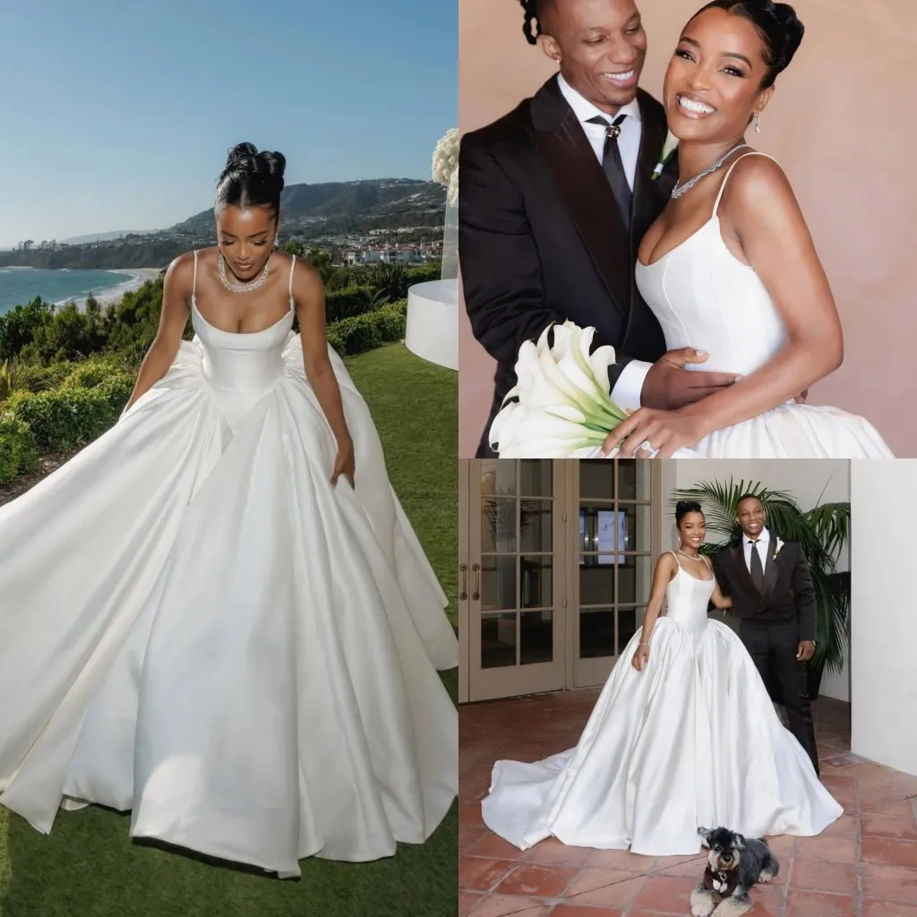 Elegant White Spaghetti Straps Satin Ball Gown Long Wedding Dress D1274