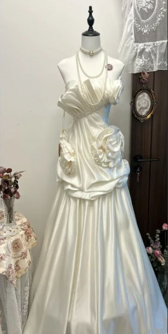 Vintage Strapless Satin Pleated Ivory Long Party Dress Birthday Prom Dress D1344