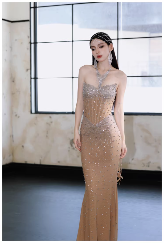 Sexy Strapless Chiffon Beaded Mermaid Long Evening Dress Party Gown D2425