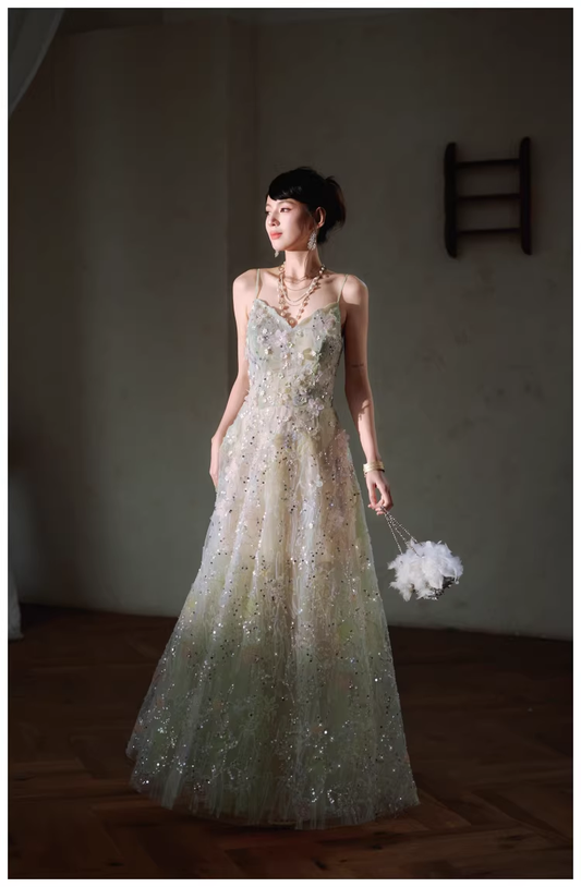 Pretty Spaghetti Straps Green Tulle Appliques A Line Long Birthday Prom Dress Evening Dress D2434