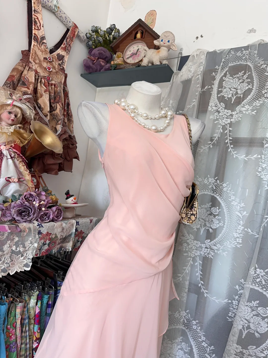 Pretty Pink Sleeveless Chiffon Pleated Mermaid Party Dress Long Wedding Guest Dress D3207