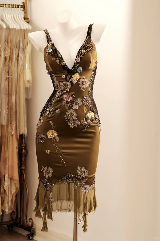 Vintage Spaghetti Straps Satin Lace Beaded Sheath Knee Length Prom Dress Party Dress D2734