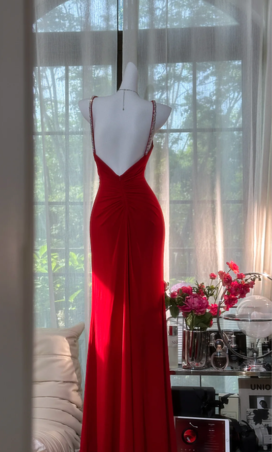 Charming Red Spaghetti Straps Chiffon Beaded Mermaid Evening Dress Backless Long Prom Gown D1249
