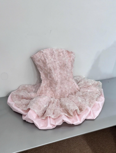 Cute Pink Strapless Lace Satin A Line Short Homecoming Dress 21st Birthday Party Dress D771