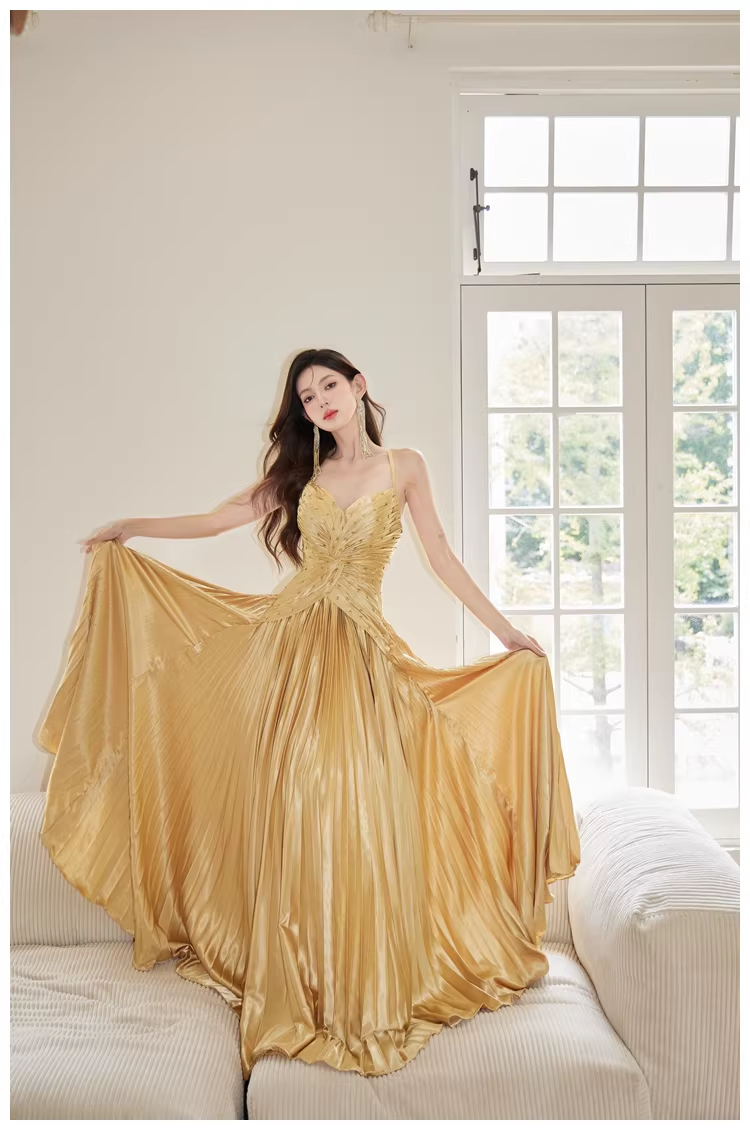 Gorgeous Spaghetti Straps Gold Satin Pleated Beaded A Line Long Evening Dress Birthday Dress D2406