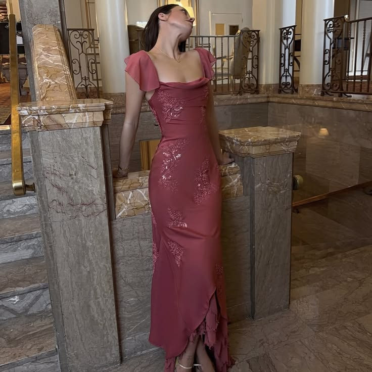 Pretty Square Neck Chiffon Beaded Long Party Dress Burgundy Mermaid Evening Gown D5118