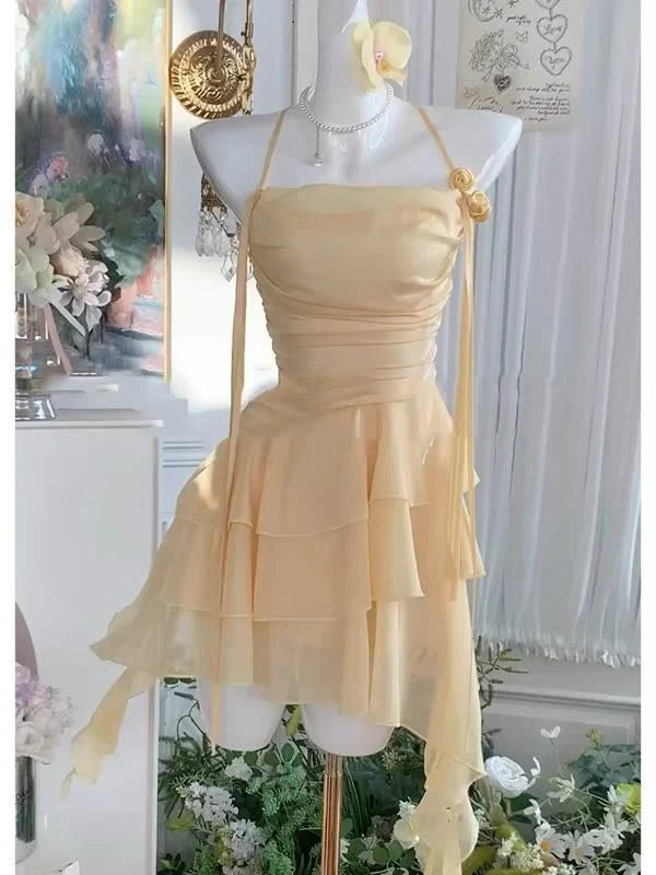 Halter Yellow Chiffon Layered Short Birthday Cute Vacation Dress D479