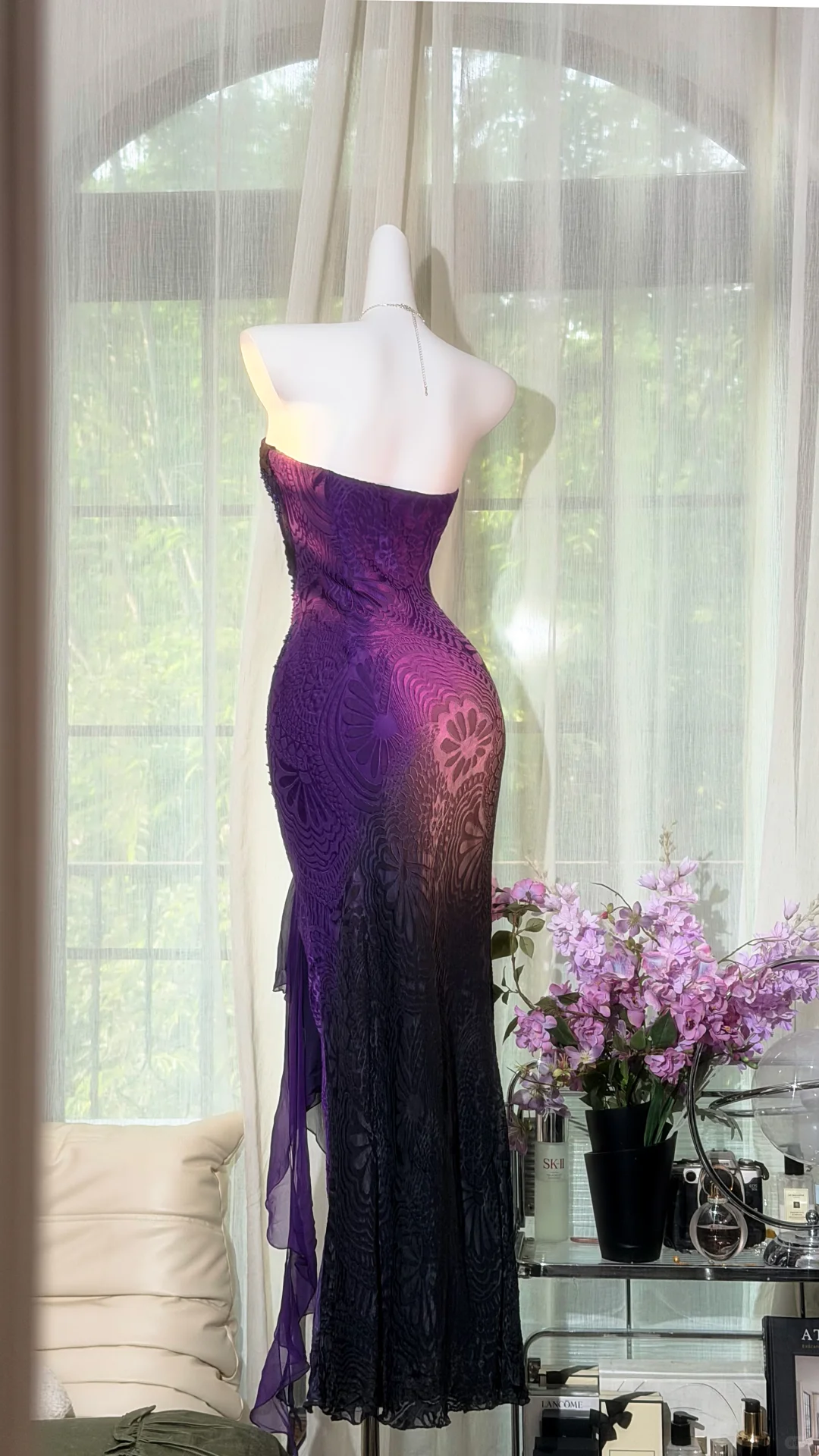 Unique Sweetheart Neck Purple Chiffon Floral Beaded Mermaid Long Party Dress Evening Gowns D2524