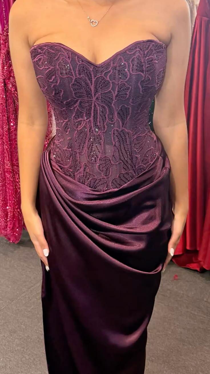 Pretty Strapless Satin Lace Sheath Purple Long Party Dress Birthday Prom Dress D5075