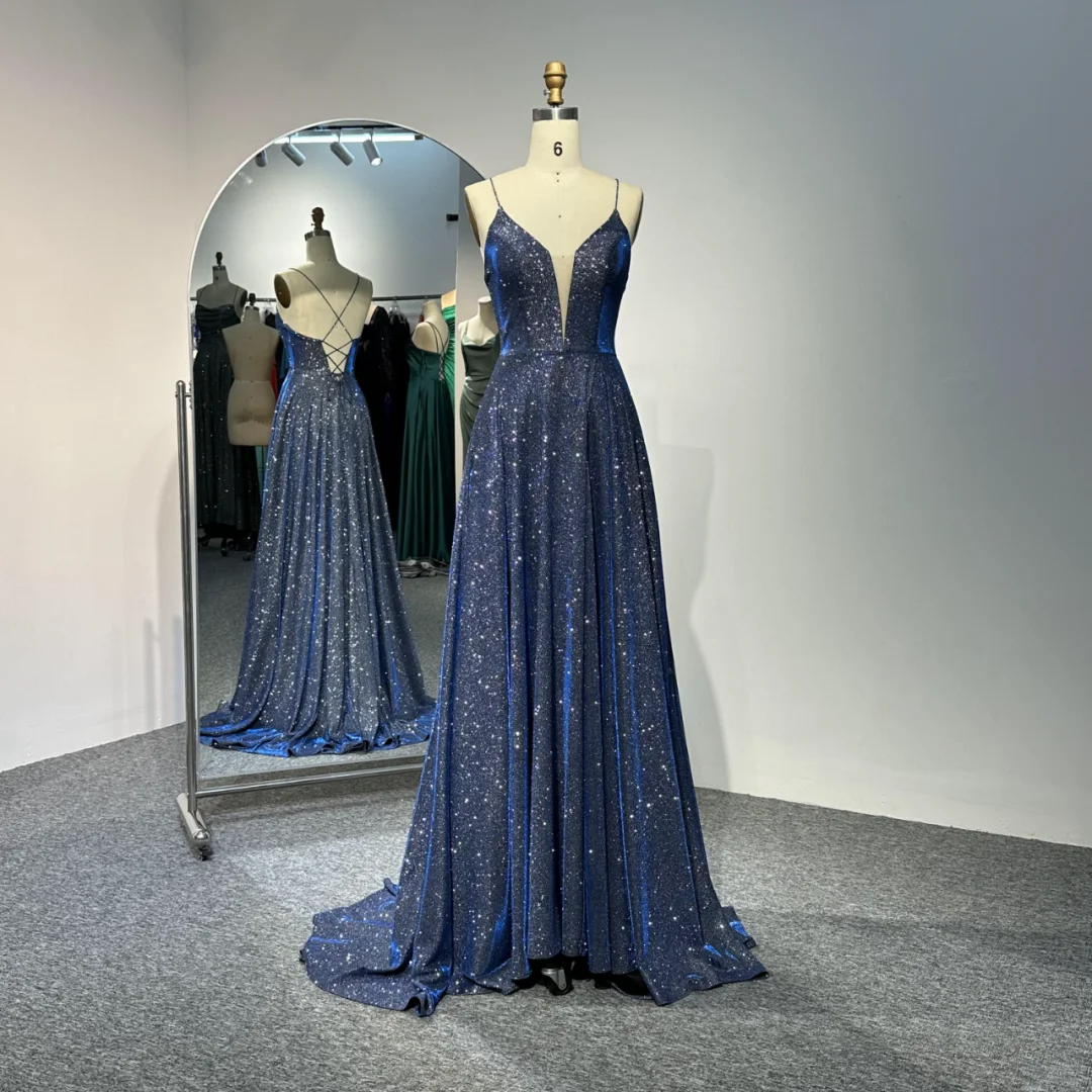 Shiny Spaghetti Straps Blue Satin Sequin Long Evening Dress Party Gown Formal Wedding Guest Dress D2023