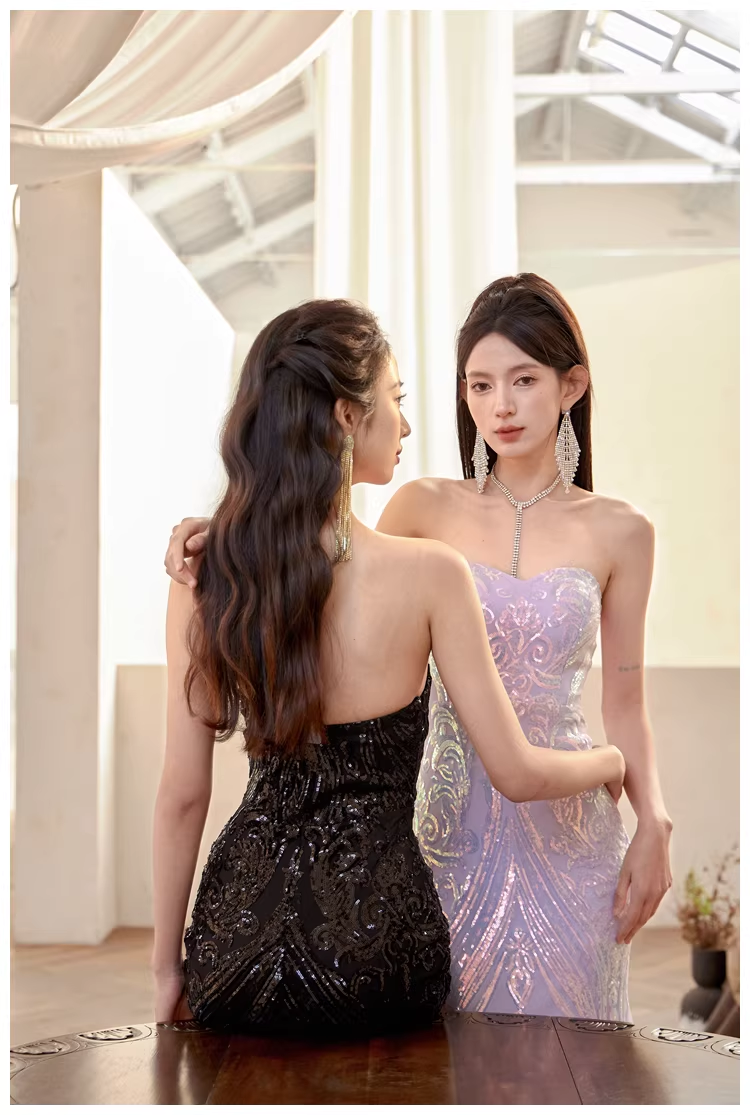 Gorgeous Sweetheart Neck Lavender Tulle Sequin Mermaid Long wedding Guest Dress Formal Evening Dress Prom Gown D2435