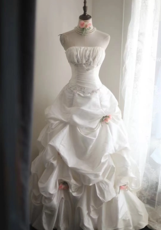 Elegant Strapless Ball Gown White Satin Pleated Floral Long Wedding Dress D2316